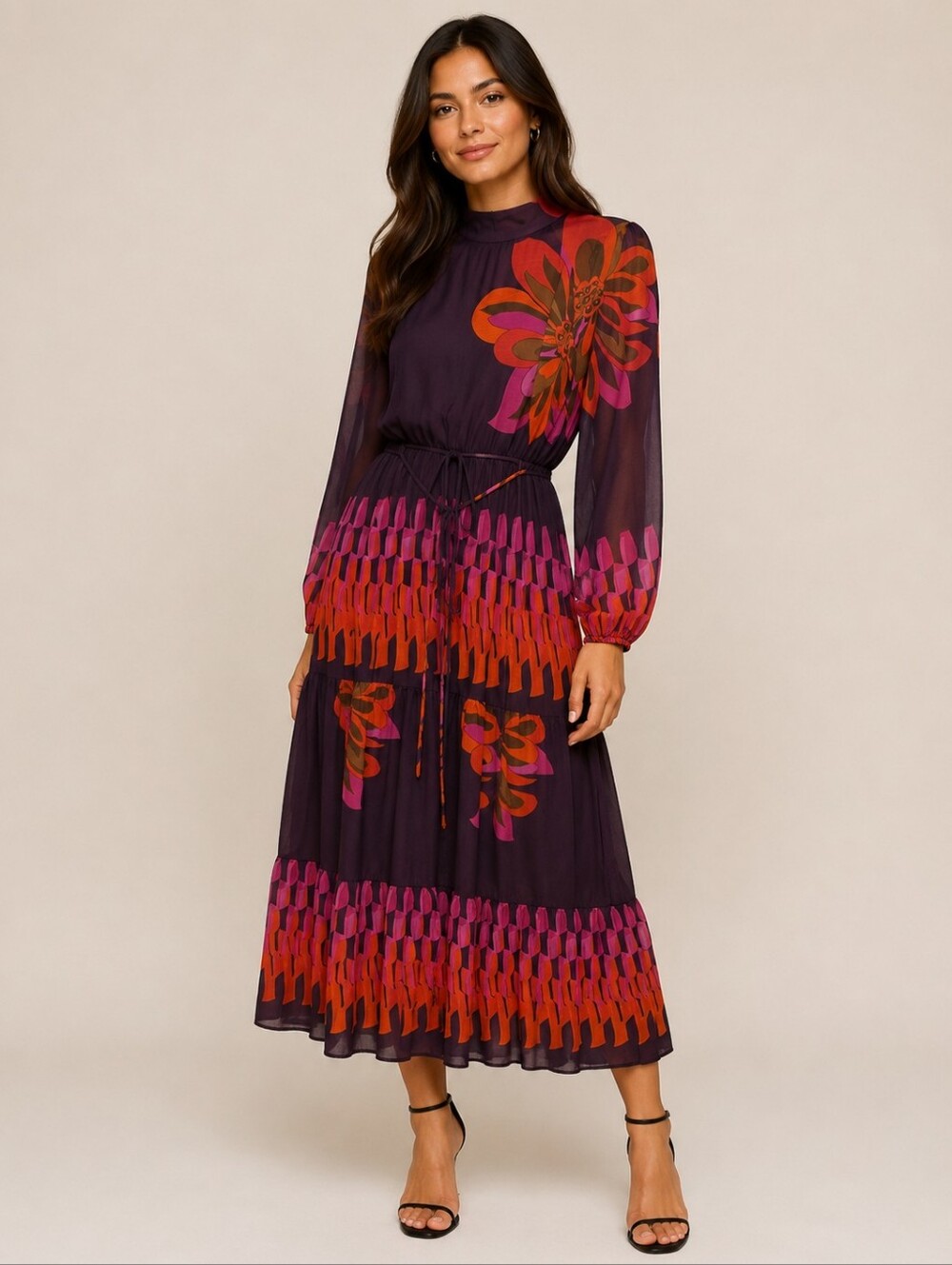 Gabby Skye Floral Long Sleeve Chiffon Maxi Dress In Eggplant Multi Size 6